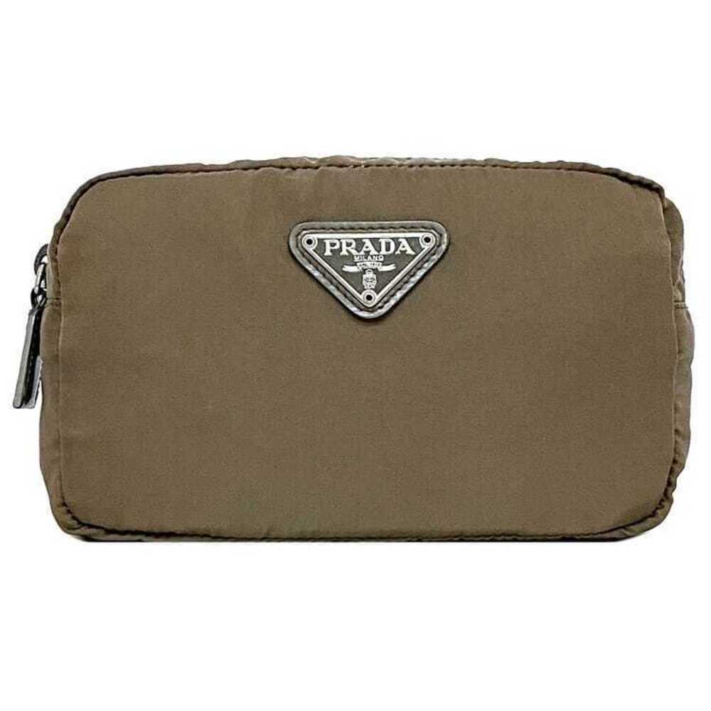 Prada Pouch Fumo Tessuto Case Zipper Leather Triangle Cosmetic Beige Tan